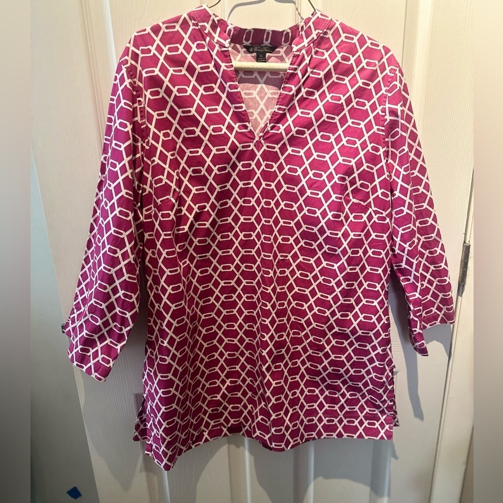 Brooks Brothers Tunic Shirt XL Pink & White Cotton BLOUSE Easy Wear Coastal Top